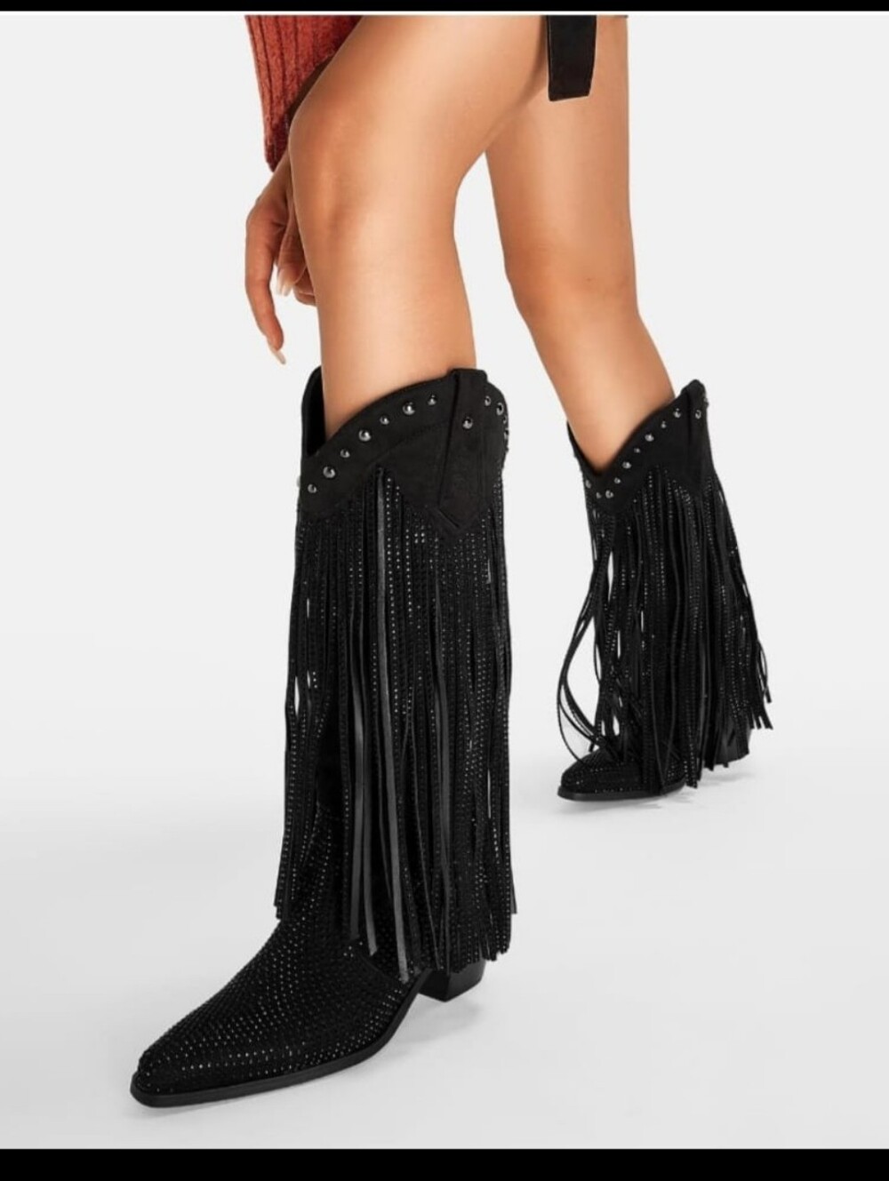 AIJIVOU Black Fringe & Rhinestone Western Cowboy Boots – Size 11